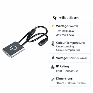 Close-up of an LED strip light controller with specifications displayed beside it.