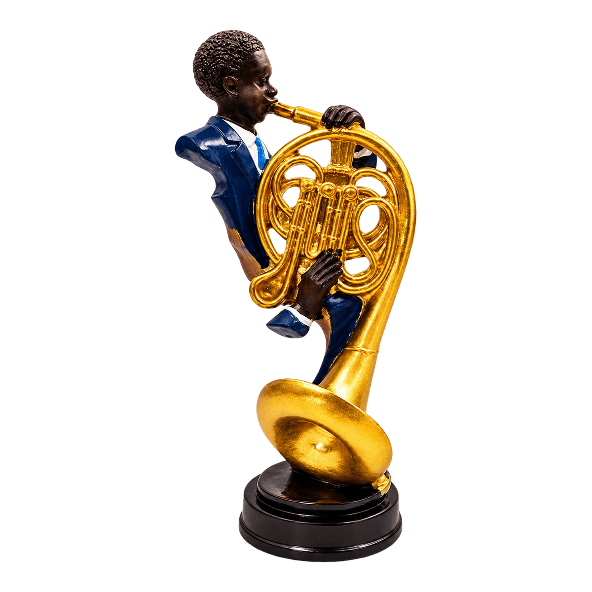 Jazz musician French horn player figurine in blue suit, transparent background