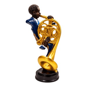 Jazz musician French horn player figurine in blue suit, transparent background