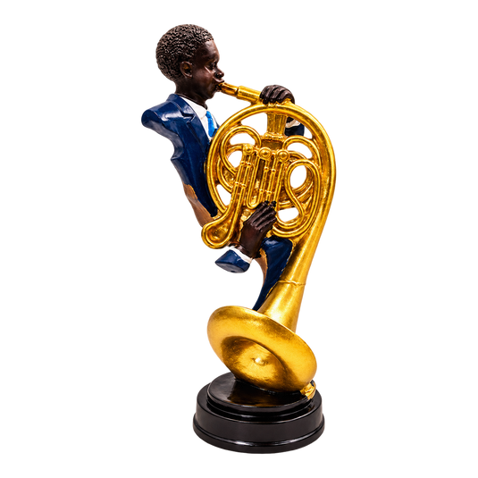 Jazz musician French horn player figurine in blue suit, transparent background