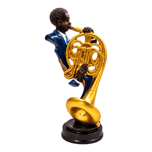 Jazz musician French horn player figurine in blue suit, white background