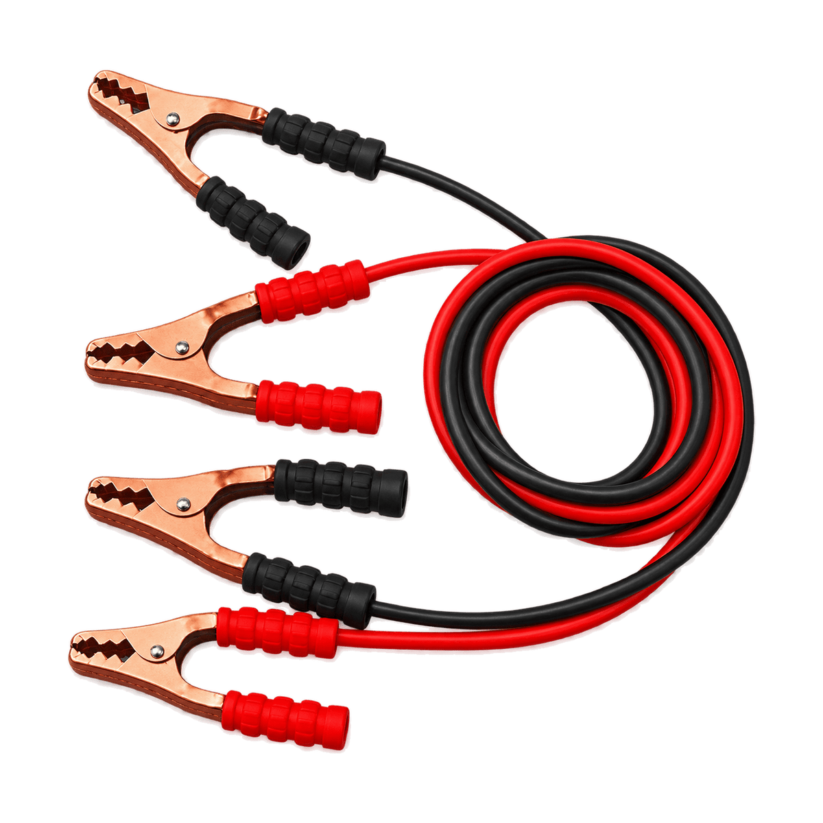Transparent-background image of red and black battery jumper cables with four copper clamps