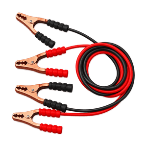 Transparent-background image of red and black battery jumper cables with four copper clamps