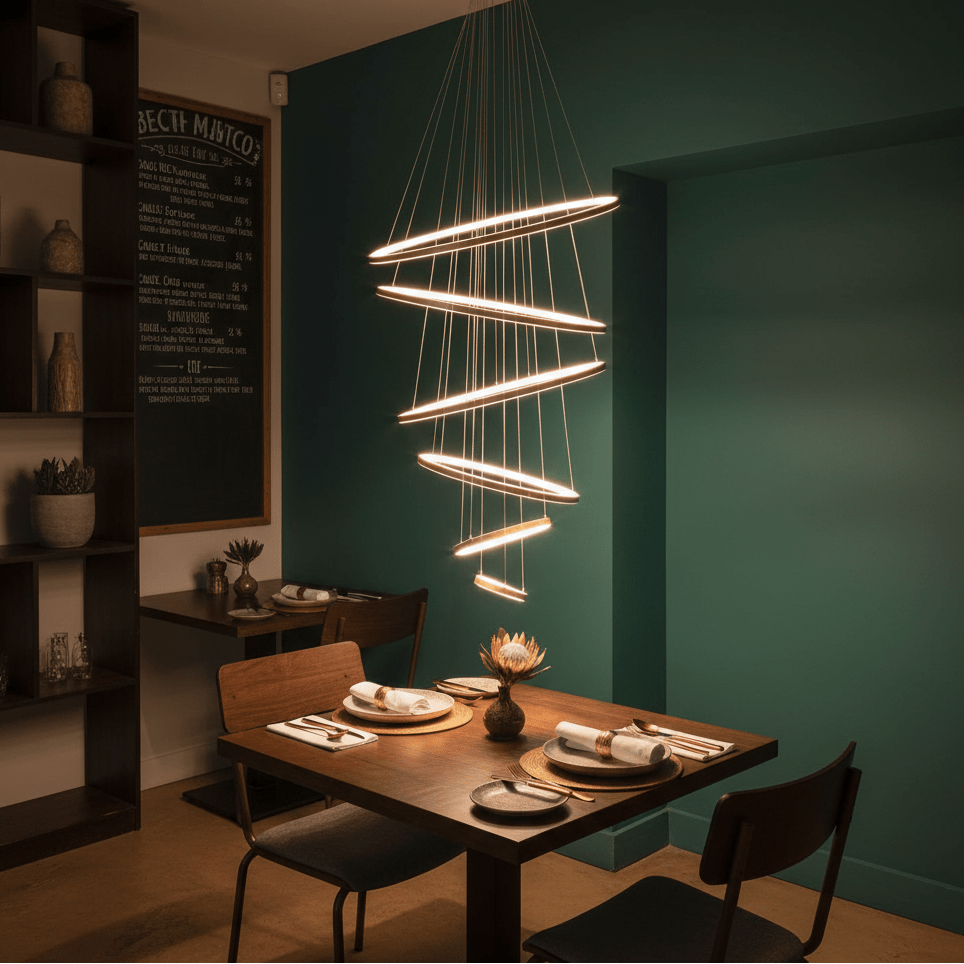 Gold Mega Ribbon LED pendant light hanging above a wooden dining table set with plates and cutlery.