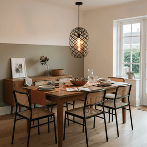 Nest Pendant light in black metal wire mesh hanging over a wooden dining table set with plates and glasses.