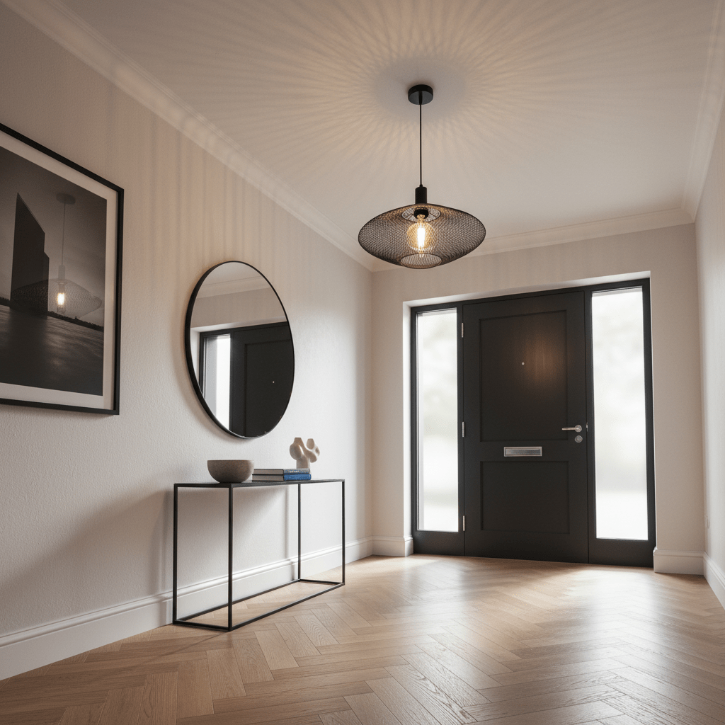 A stylish black mesh ceiling light illuminating a modern entrance hall with a round mirror and console table.