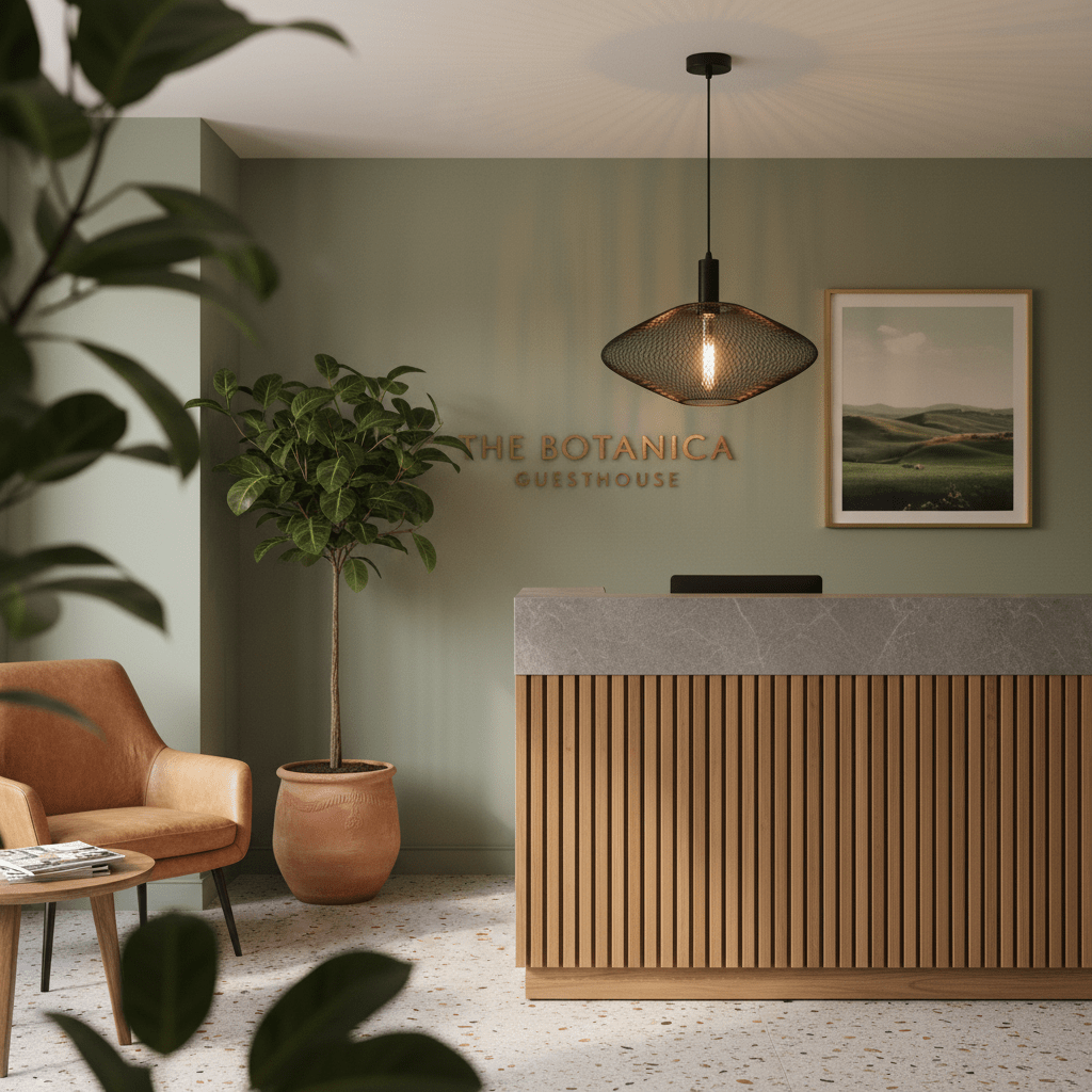 Black mesh ceiling light illuminating a stylish reception area with green walls and wooden accents.