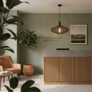 Black mesh ceiling light illuminating a stylish reception area with green walls and wooden accents.
