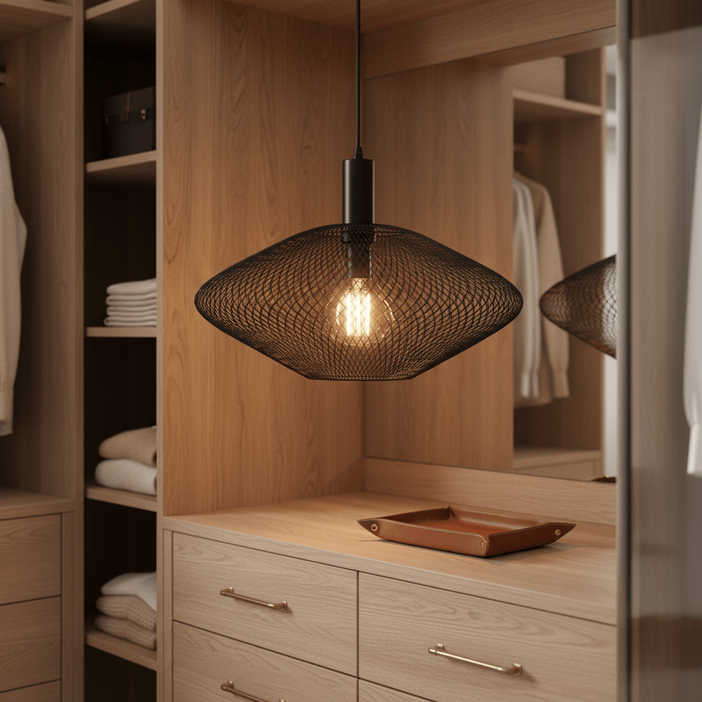 Black mesh ceiling light hanging above a wooden dresser with neatly folded towels and a decorative tray.