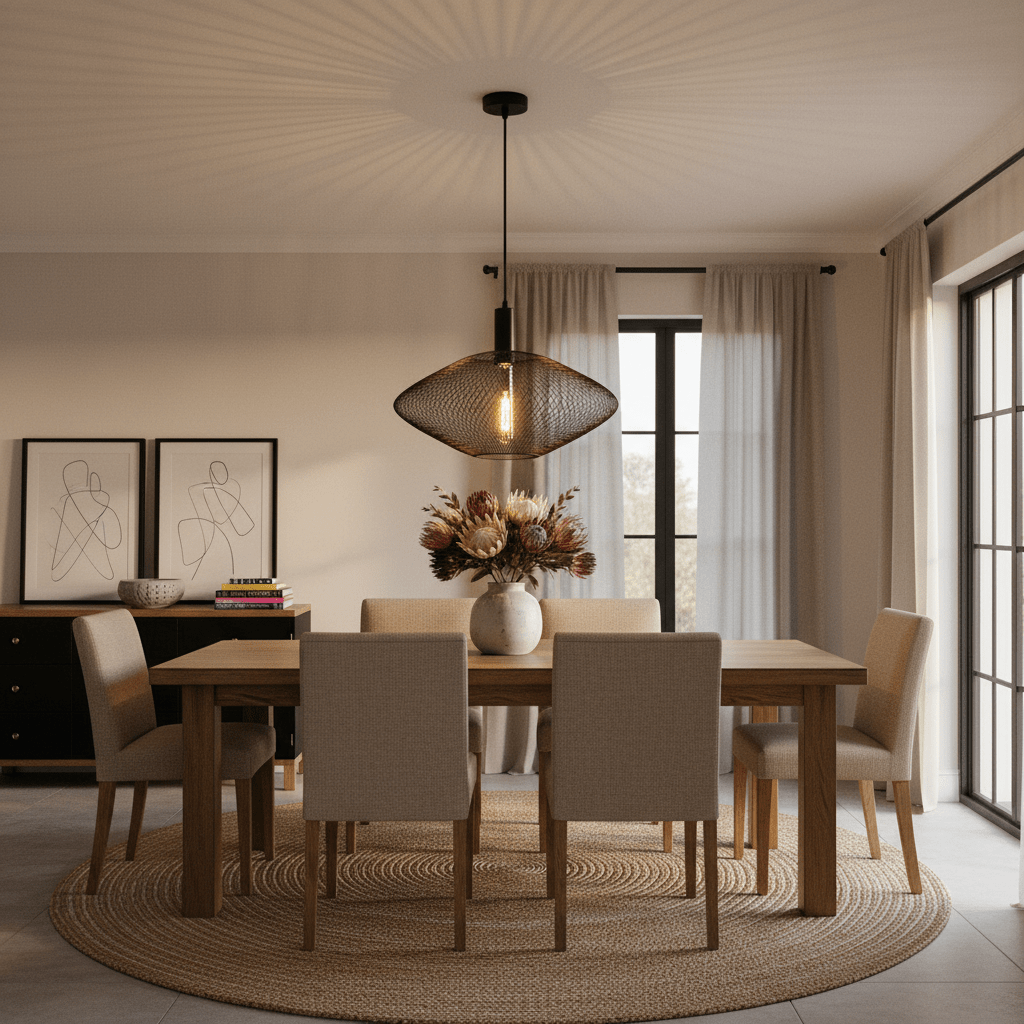 Stylish black mesh ceiling light above a wooden dining table with floral centerpiece and modern decor.