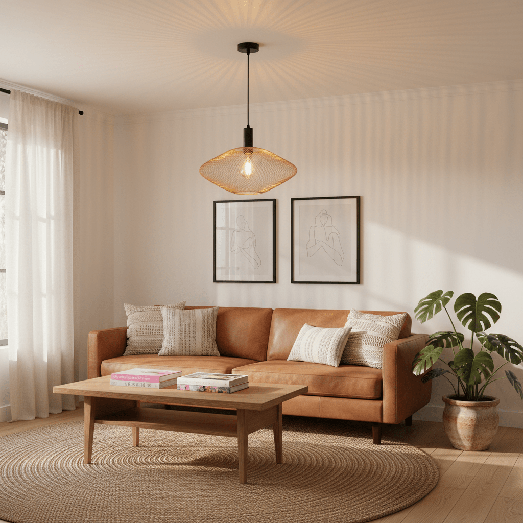 Stylish living room featuring a gold mesh ceiling light above a brown leather sofa and wooden coffee table.