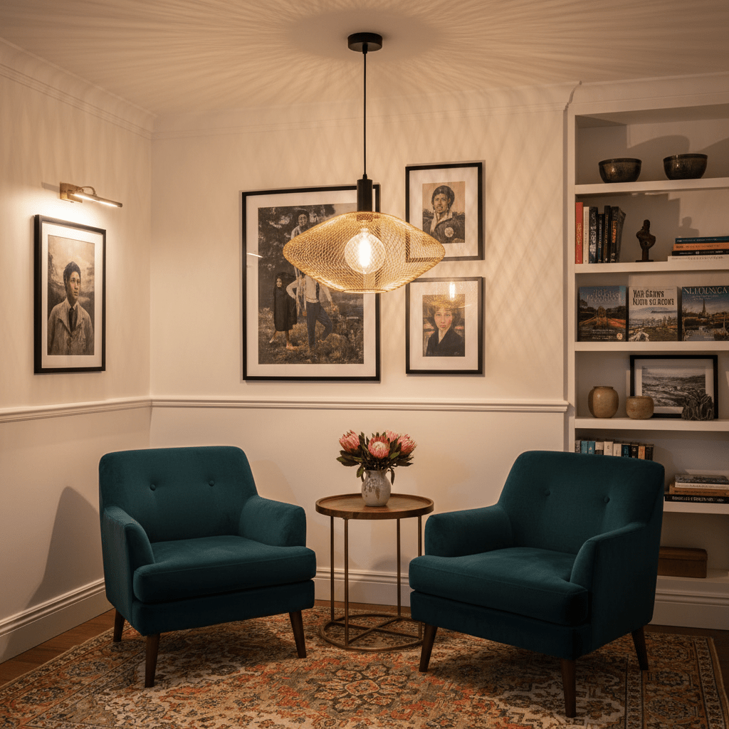 Stylish living room scene featuring the Slade Gold Mesh Ceiling Light above a cozy seating area with teal chairs and floral