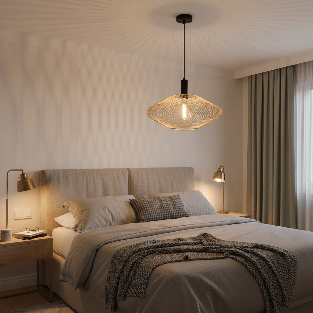Gold mesh ceiling light casting soft shadows in a cozy bedroom setting with neutral tones.
