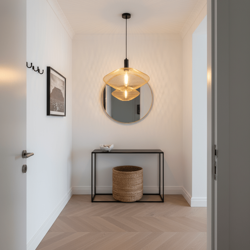 Gold mesh ceiling light hanging above a black console table with a round mirror and decorative items.