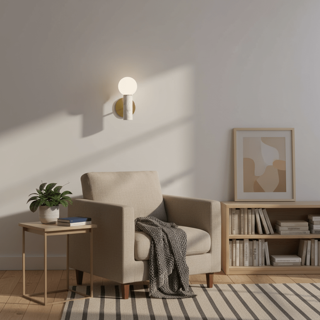 Ollie White Marble Wall Light mounted beside a cozy armchair, casting a soft glow in a stylish living room setting.