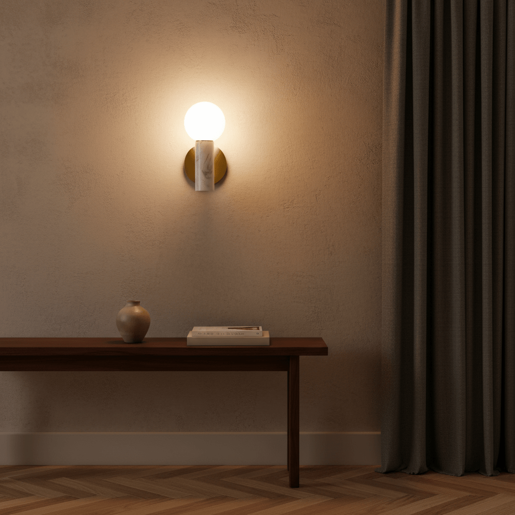 Ollie White Marble Wall Light mounted on a textured wall, illuminating a wooden table with a vase and books.