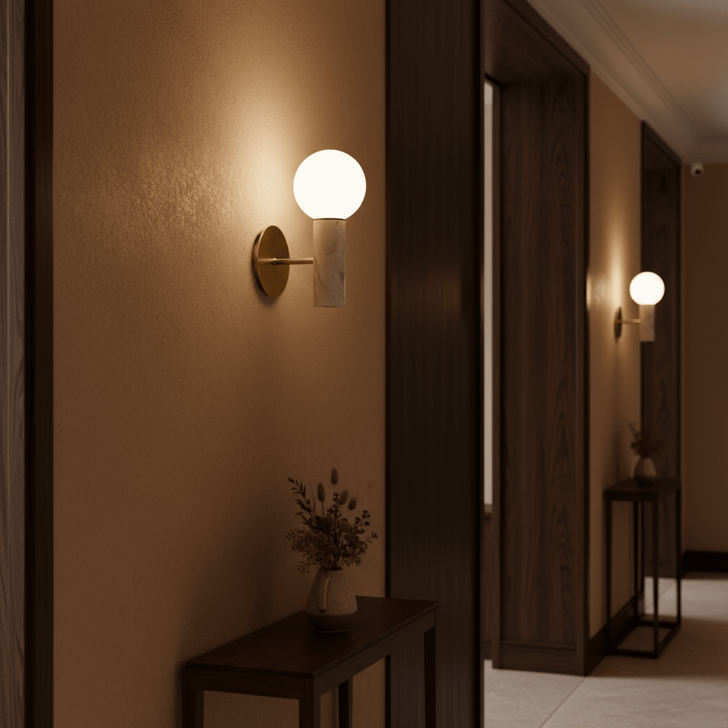 Elegant Ollie White Marble Wall Light illuminating a hallway, paired with decorative vases on wooden tables.