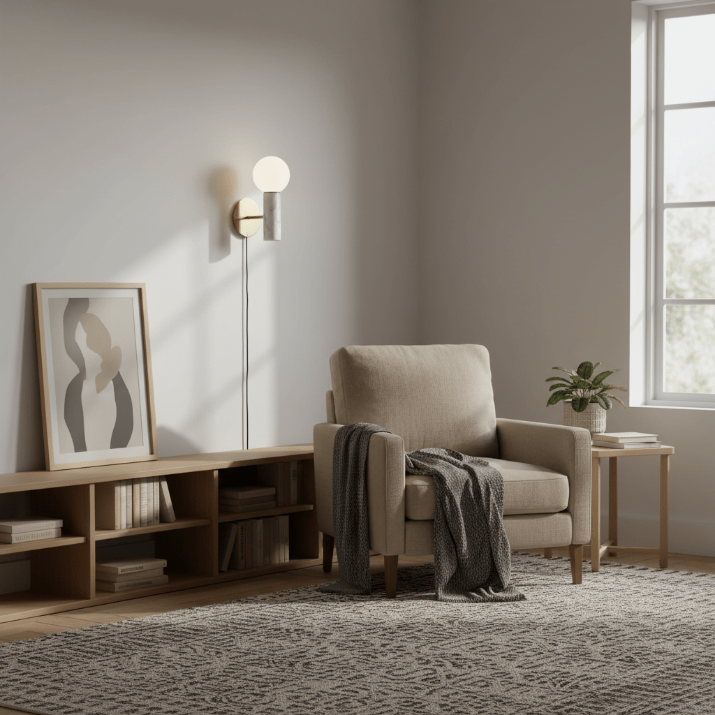 Stylish indoor scene featuring the Ollie White Marble Wall Light beside a cozy armchair and a decorative rug.