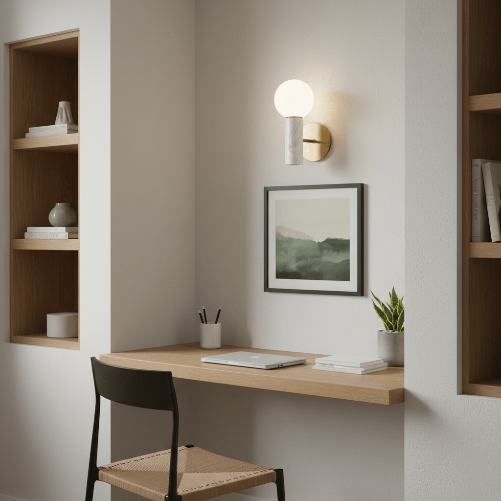 Ollie White Marble Wall Light mounted above a wooden desk in a cozy workspace, illuminating a framed artwork.