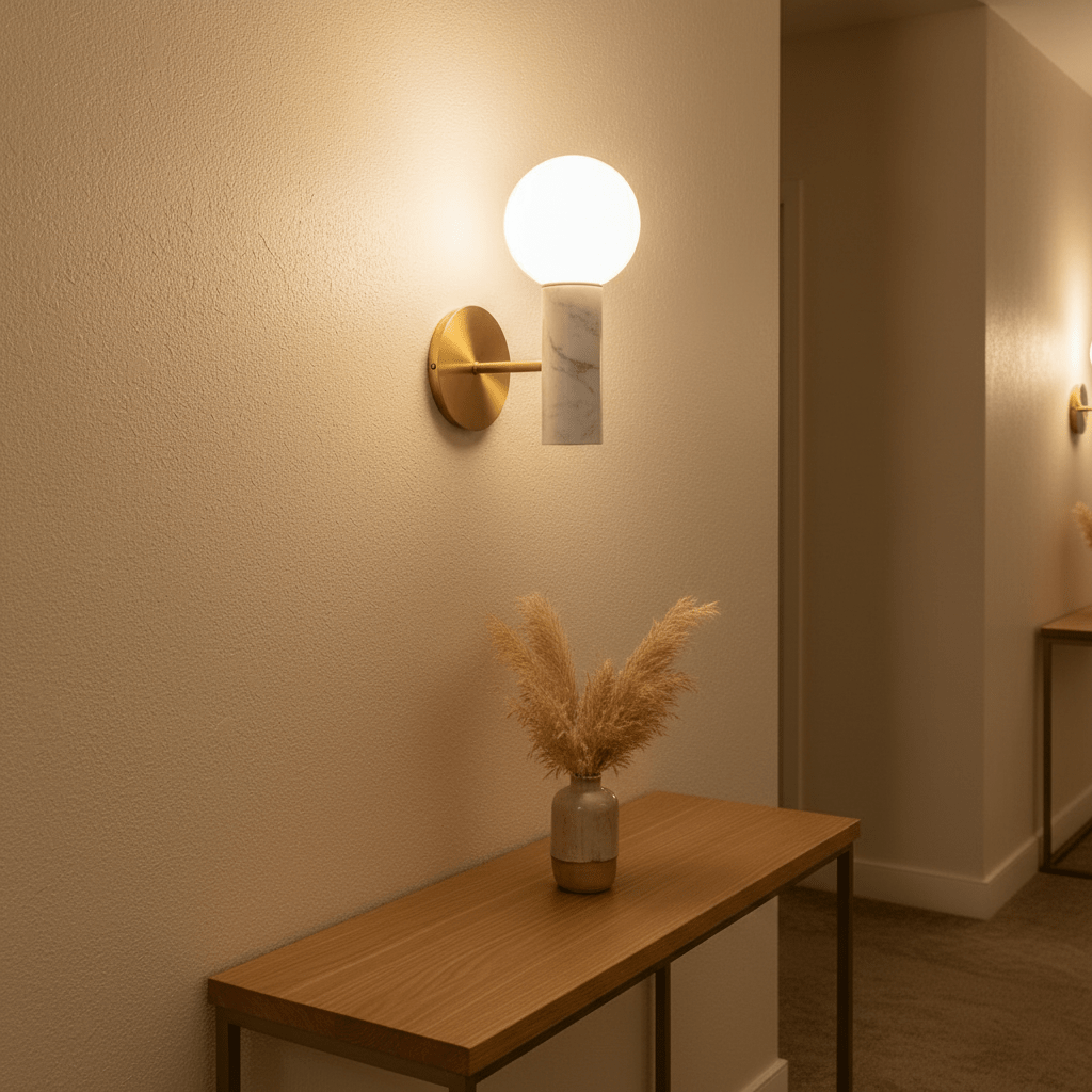 Elegant Ollie White Marble Wall Light mounted on a wall above a wooden console table with decorative vase.