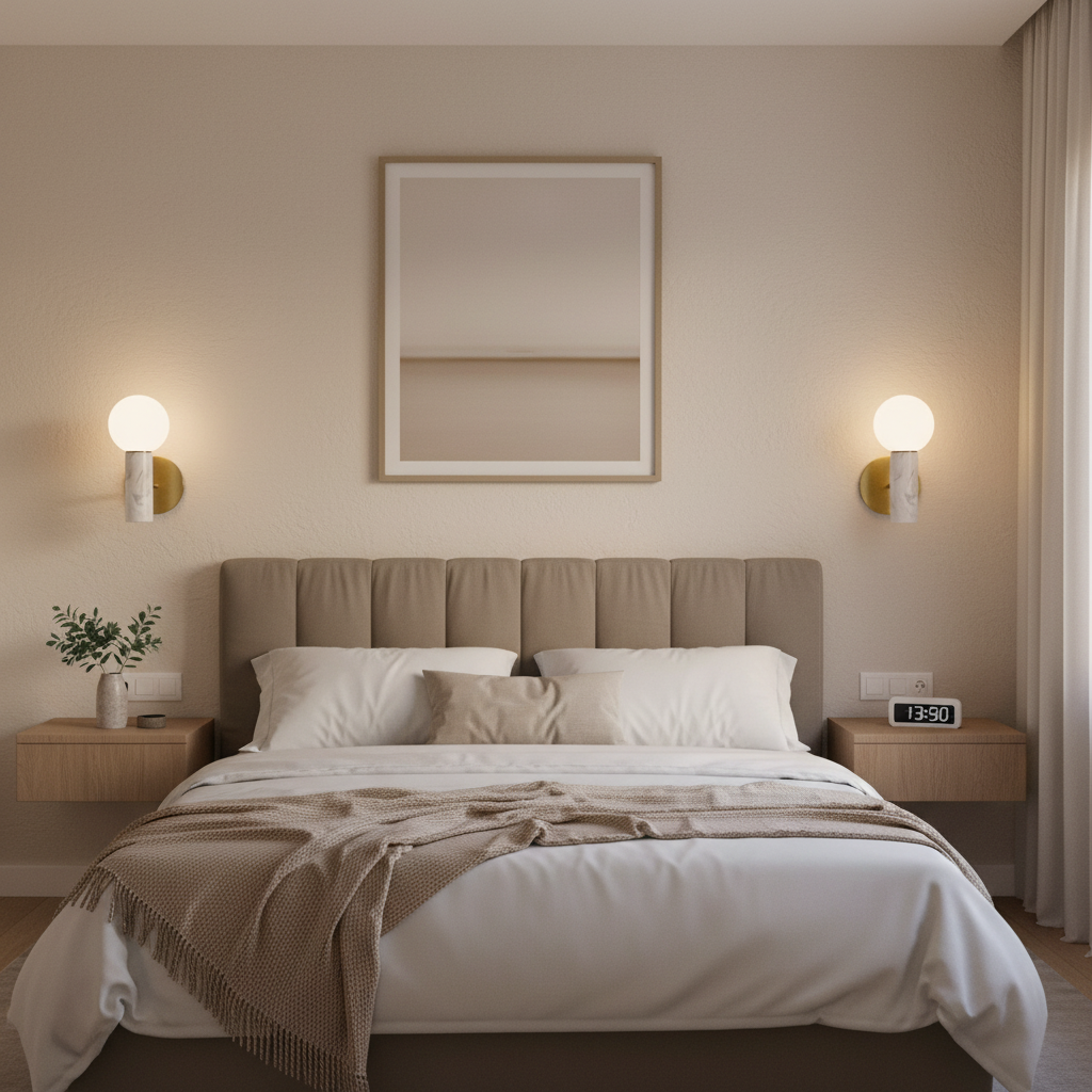 Elegant bedroom featuring the Ollie White Marble Wall Light beside a plush bed, enhancing the cozy atmosphere.