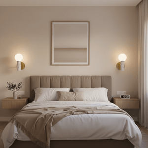 Elegant bedroom featuring the Ollie White Marble Wall Light beside a plush bed, enhancing the cozy atmosphere.