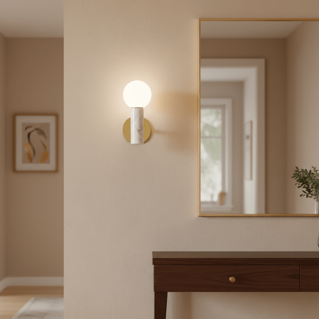 Ollie White Marble Wall Light mounted on a beige wall, illuminating a stylish interior with a mirror and wooden console.