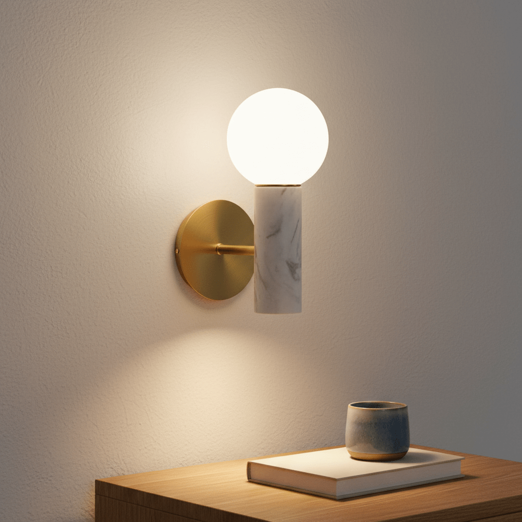 Ollie White Marble Wall Light mounted on a wall, illuminating a wooden table with a book and a ceramic cup.