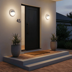 Outdoor scene featuring a 15W white eyelid wall light illuminating a front door and steps, with potted plants.