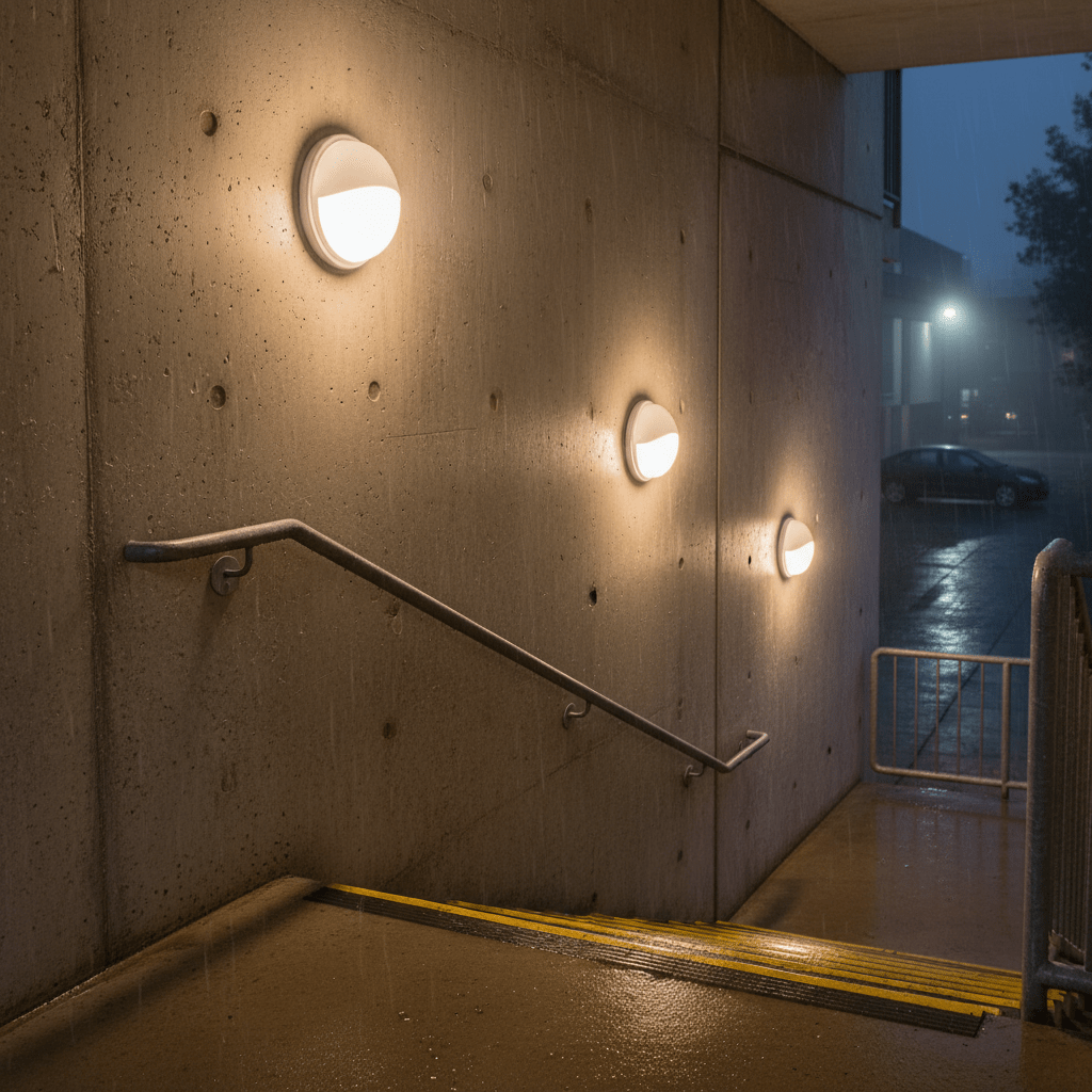 Three white eyelid wall lights illuminate a wet outdoor staircase during rain, enhancing visibility and safety.