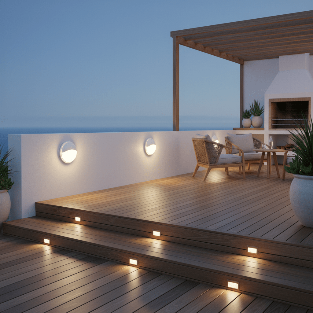 Outdoor setting featuring the 15W White Eyelid Wall Light mounted on a white wall, illuminating wooden steps.