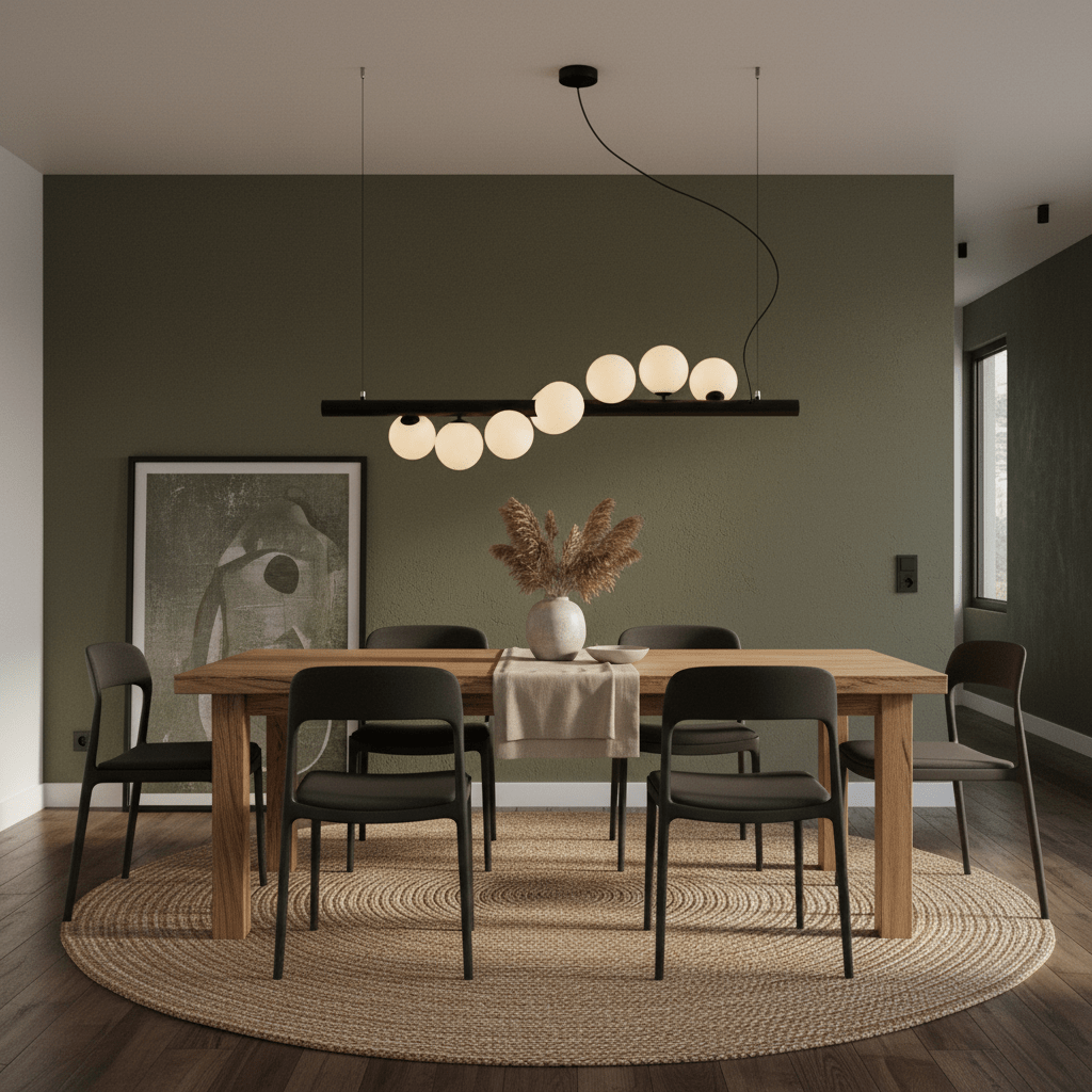 Modern dining room featuring a Spiral 7 Light Black Pendant Light above a wooden table with black chairs.