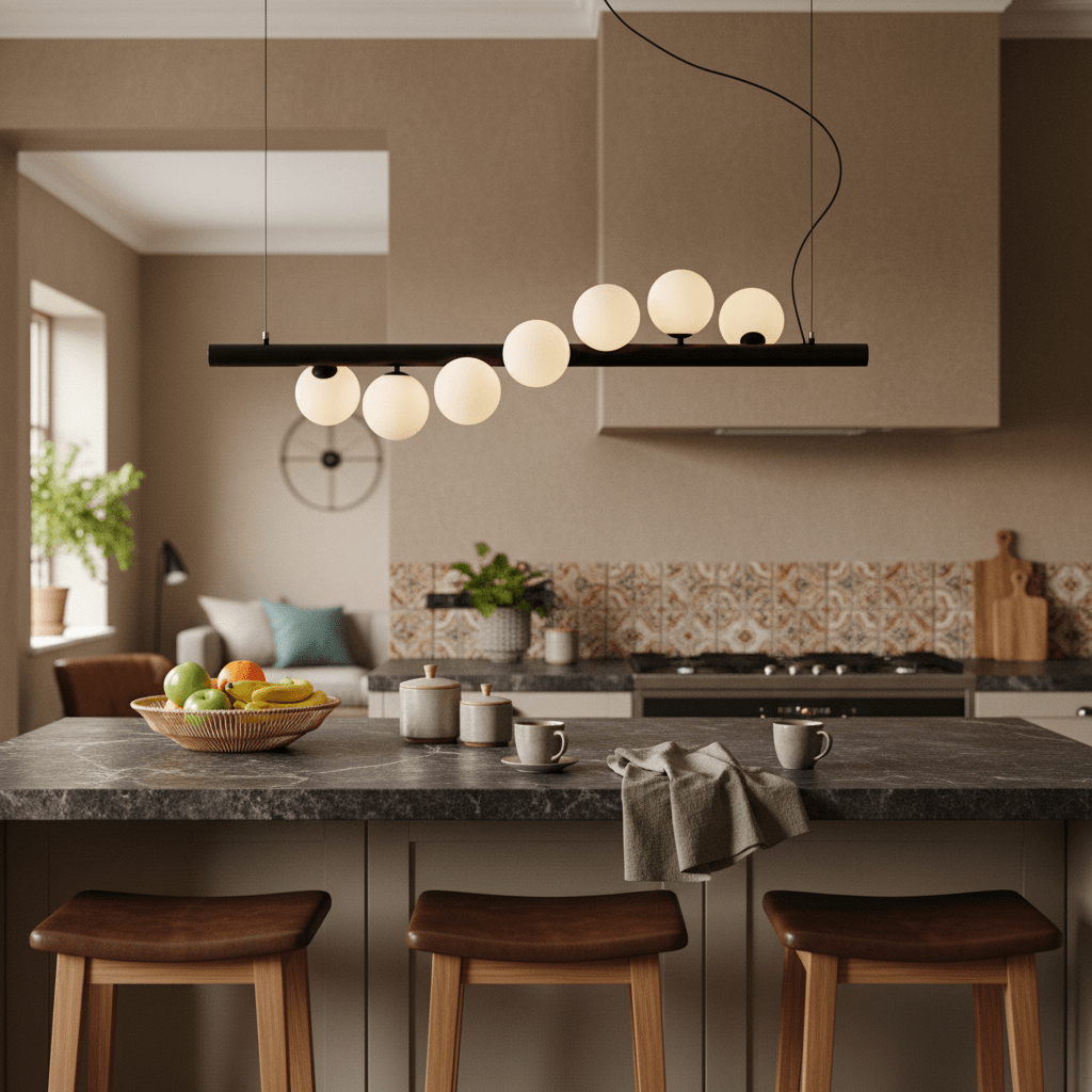 Spiral 7 Light Black Pendant Light hanging over a kitchen island with fruit bowl and coffee mugs.