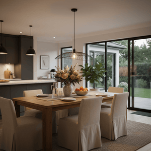 Stylish black pendant light above a wooden dining table adorned with flowers and fruit.