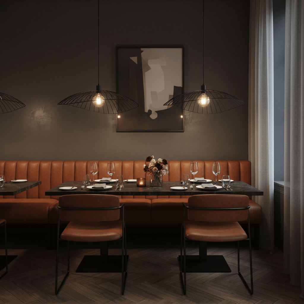 Stylish dining area featuring three black pendant lights above a wooden table with leather seating.
