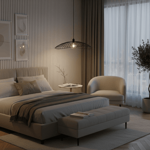 Stylish bedroom featuring the Sensu Solo Black Pendant Light above a cozy bed, enhancing the modern decor.