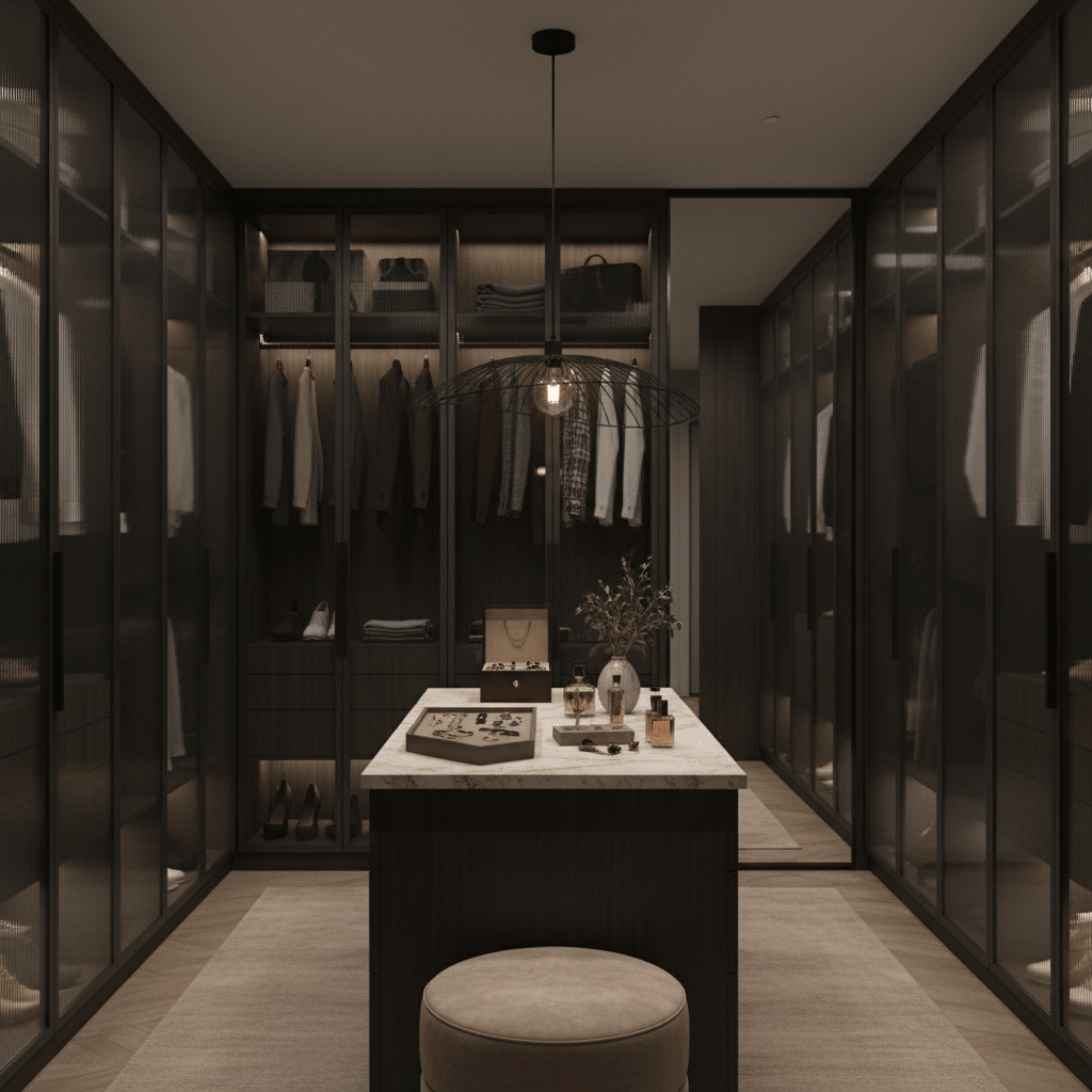 Stylish black pendant light hanging over a modern dressing table in a chic closet.