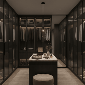 Stylish black pendant light hanging over a modern dressing table in a chic closet.
