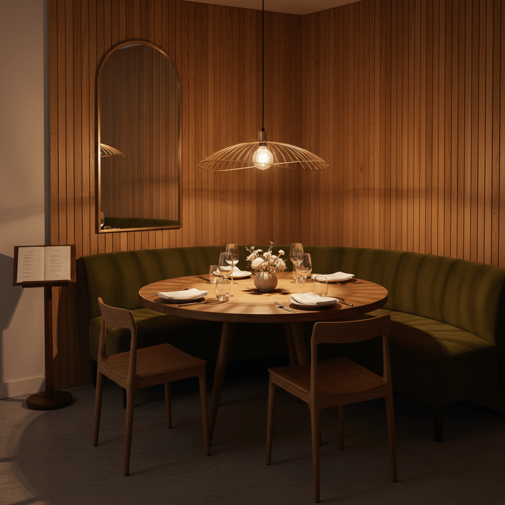Satin-gold pendant light hanging above a round wooden dining table in a cozy setting.