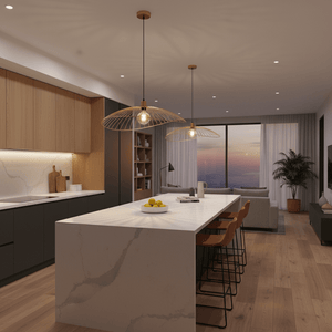 Satin-gold pendant lights hang over a modern kitchen island with a marble countertop and wooden cabinetry.