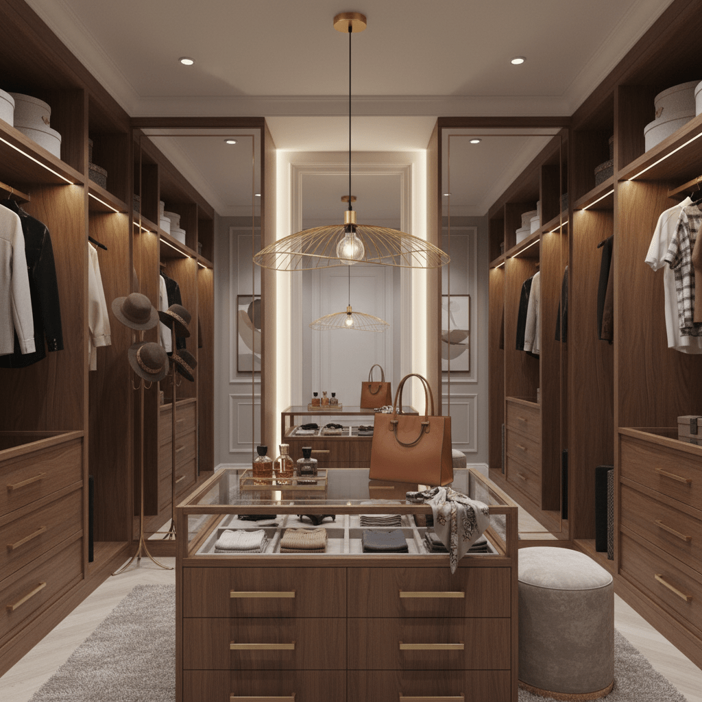 Satin-gold pendant light hanging in a stylish wooden closet, illuminating clothing and accessories.
