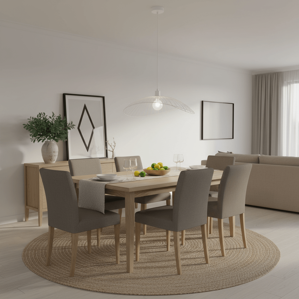 Stylish dining area featuring the Sensu Solo White Pendant Light above a wooden table set with fruit and tableware.