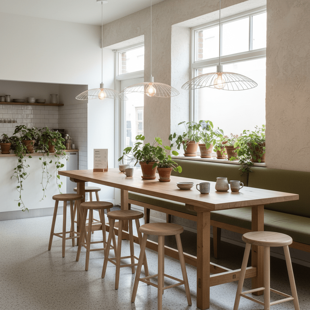 A modern dining area featuring a wooden table with stools, surrounded by plants and illuminated by white pendant lights.