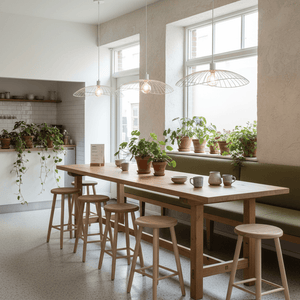 A modern dining area featuring a wooden table with stools, surrounded by plants and illuminated by white pendant lights.