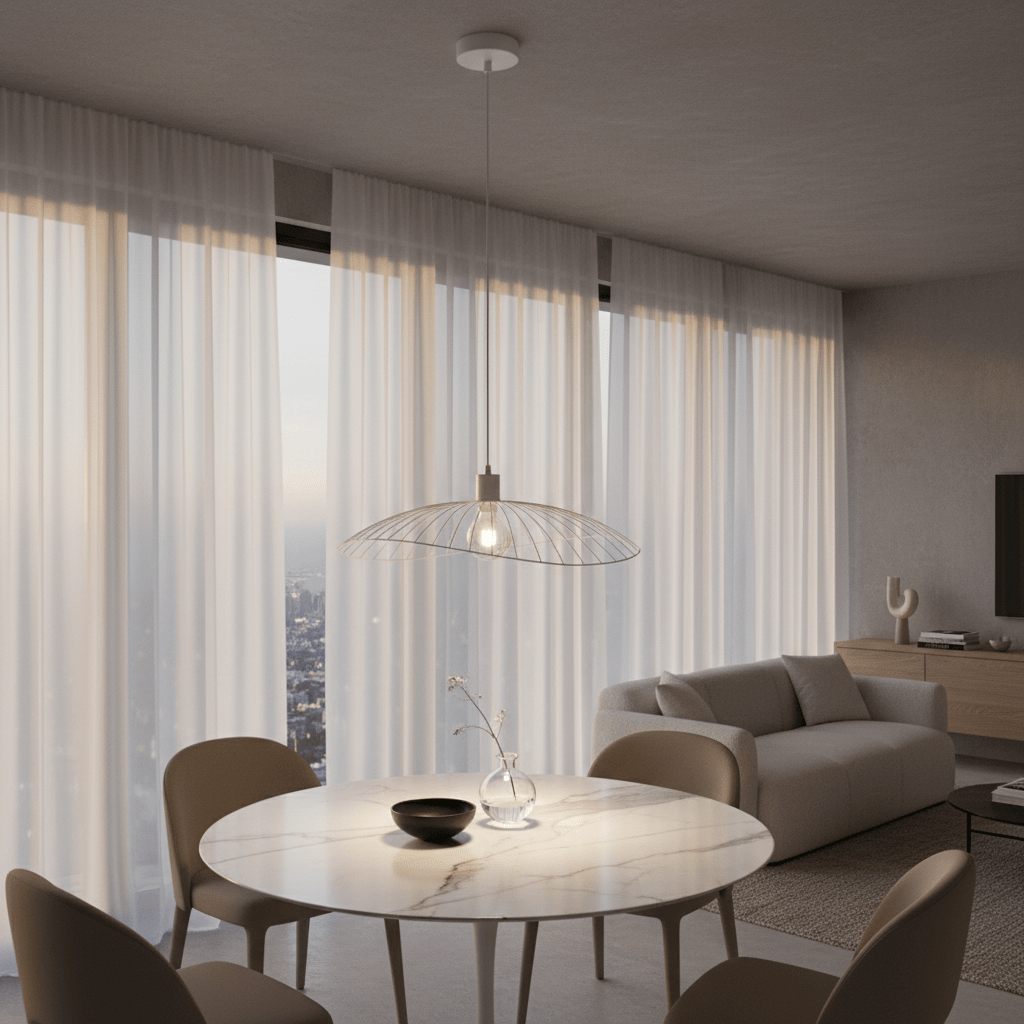 Stylish Sensu Solo White Pendant Light hanging above a marble dining table with modern chairs.