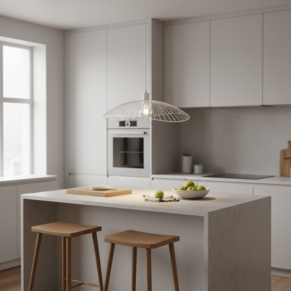 Sensu Solo White Pendant Light hanging over a modern kitchen island with wooden stools and a bowl of green apples.