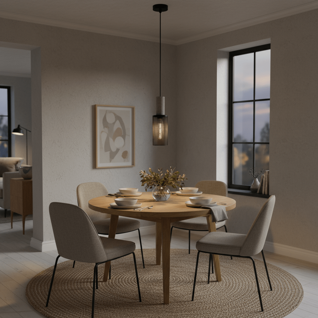 Midnight Long Mesh & Stone Pendant Light hanging over a wooden dining table set with dishes and flowers.