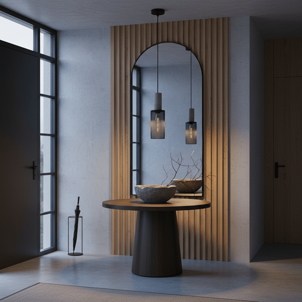 Stylish entrance hall featuring the pendant light above a round table with decorative bowls.