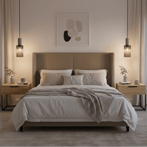 Stylish bedroom featuring the pendant light above a bed, enhancing the cozy atmosphere.