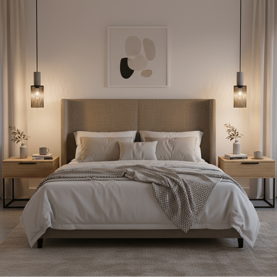 Stylish bedroom featuring the pendant light above a bed, enhancing the cozy atmosphere.
